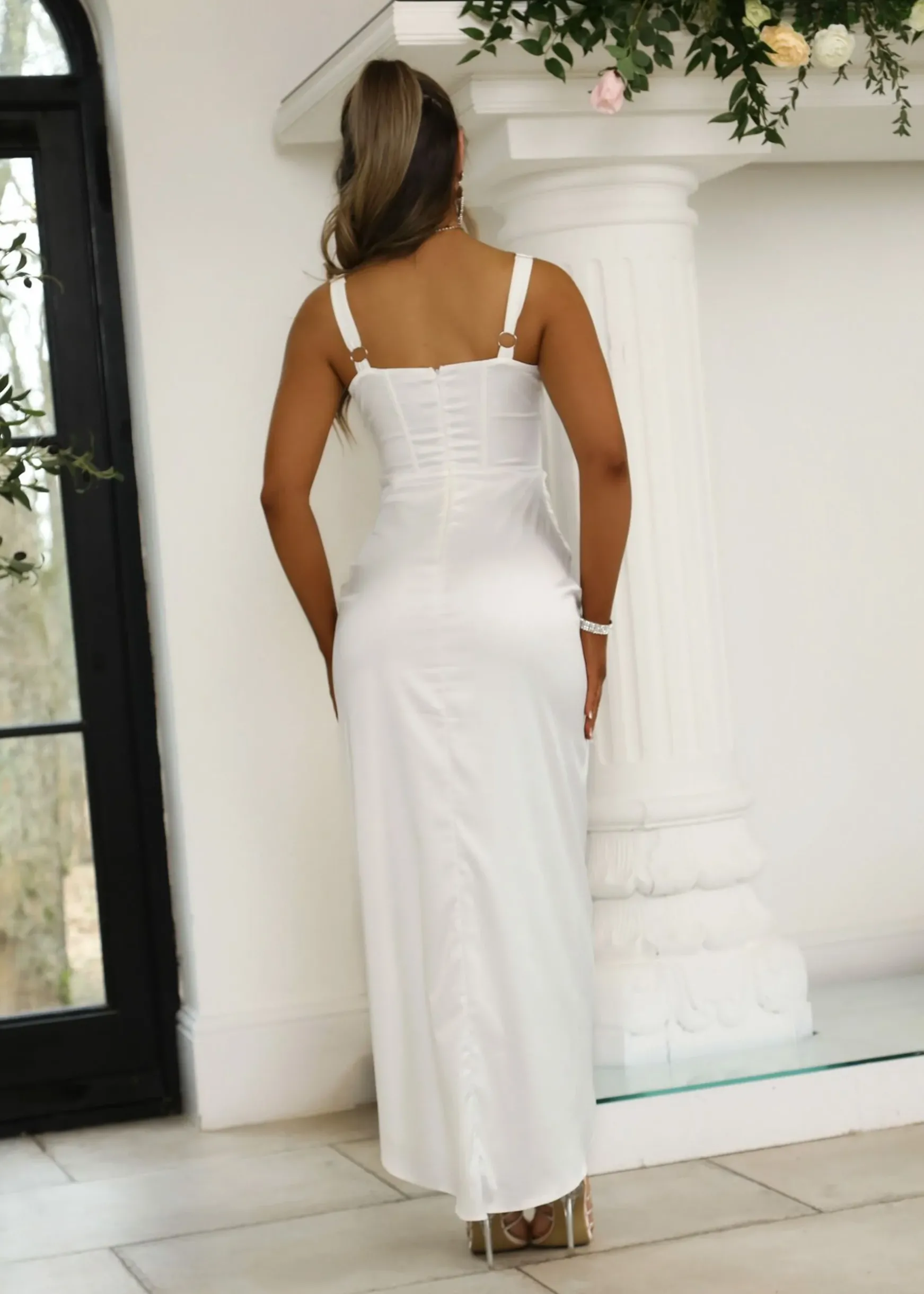 Lisa Corset Satin Gown - White|DressMeZee Clearance