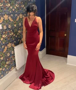 Love Affair Satin Gown With Ruched Back - Wine|DressMeZee Hot
