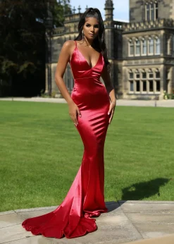 Love Affair Satin Gown With Ruched Back - Red|DressMeZee Best