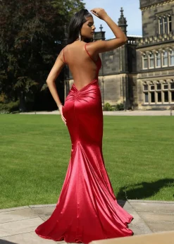 Love Affair Satin Gown With Ruched Back - Red|DressMeZee Outlet