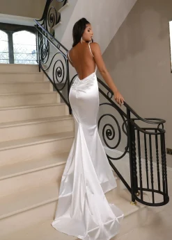 Love Affair Satin Gown With Ruched Back - White|DressMeZee Fashion
