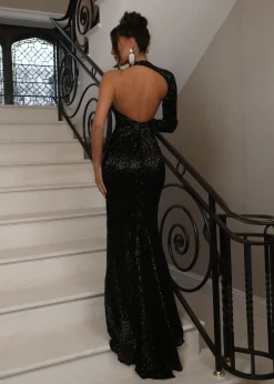 Luxe Dreams One Shoulder Sequin Gown - Black|DressMeZee New