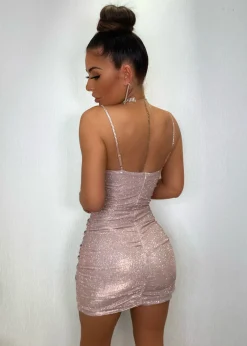 Material Girl Ruched Glitter Dress - Rose Gold|DressMeZee Online