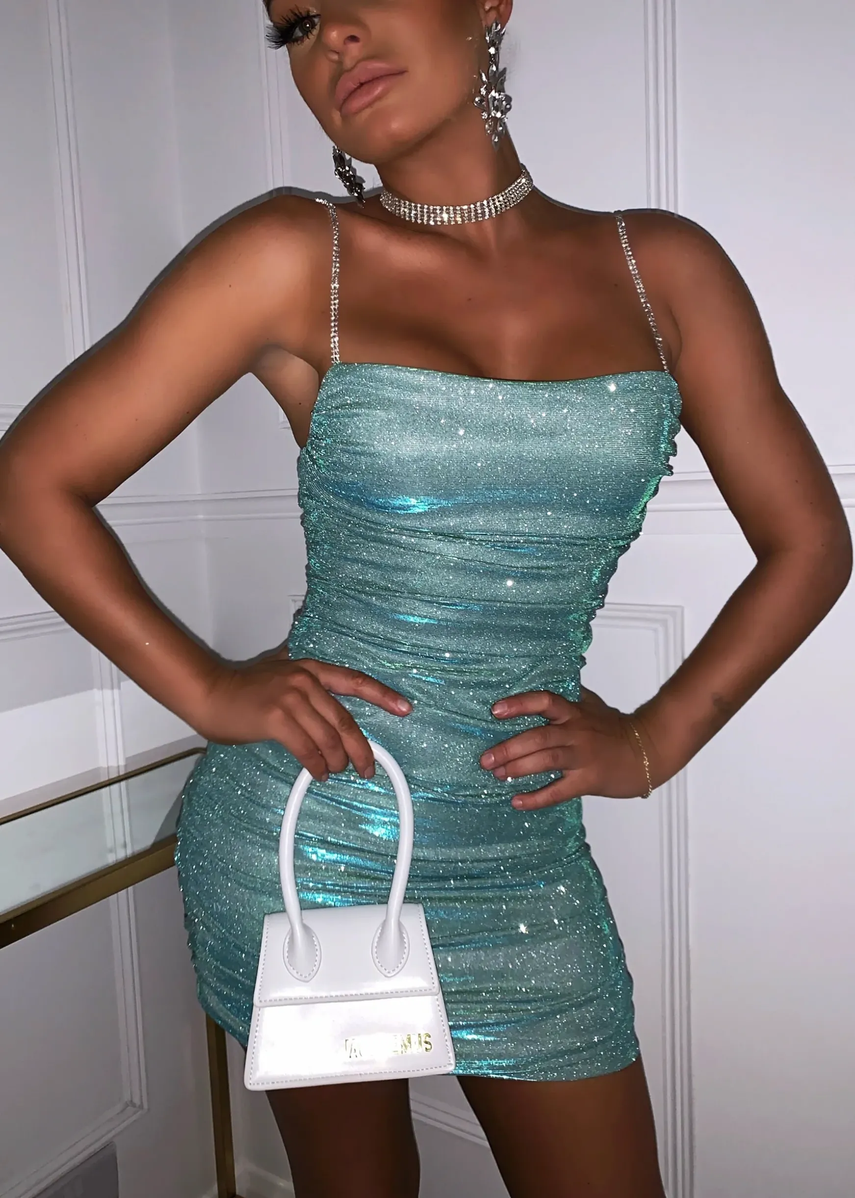 Material Girl Ruched Glitter Dress - Mint|DressMeZee Clearance