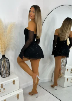 Midnight Affairs Sparkle Mini Dress With Mesh Sleeves - Black|DressMeZee New