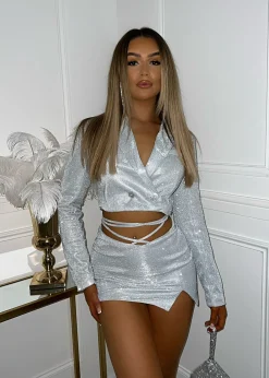 Midnight Memories Glitter Blazer Top - Silver|DressMeZee Best