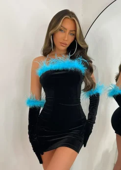 No Temptations Velvet Feather Mini Dress With Gloves - Black/Blue|DressMeZee Discount