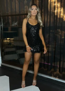 One Wish Sequin Feather Trim Mini Dress - Black|DressMeZee Online