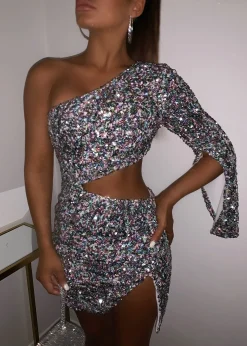 Overnight Fame Cut Out Mini Dress - Silver|DressMeZee Hot