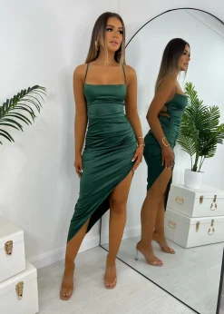 Paulette Satin Midi Dress - Green|DressMeZee Hot