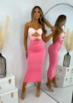 Pick Me Up Cut Out Detail Midi Dress - Pink|DressMeZee Clearance