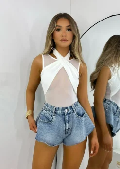 Plot Twist Mesh Halter Neck Bodysuit - White|DressMeZee Fashion