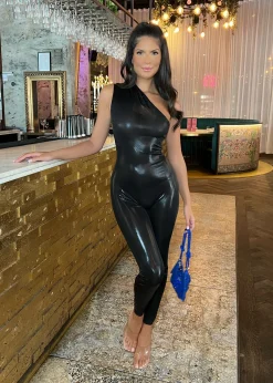 Power Hour Metallic One Shoulder Jumpsuit - Black|DressMeZee Fashion