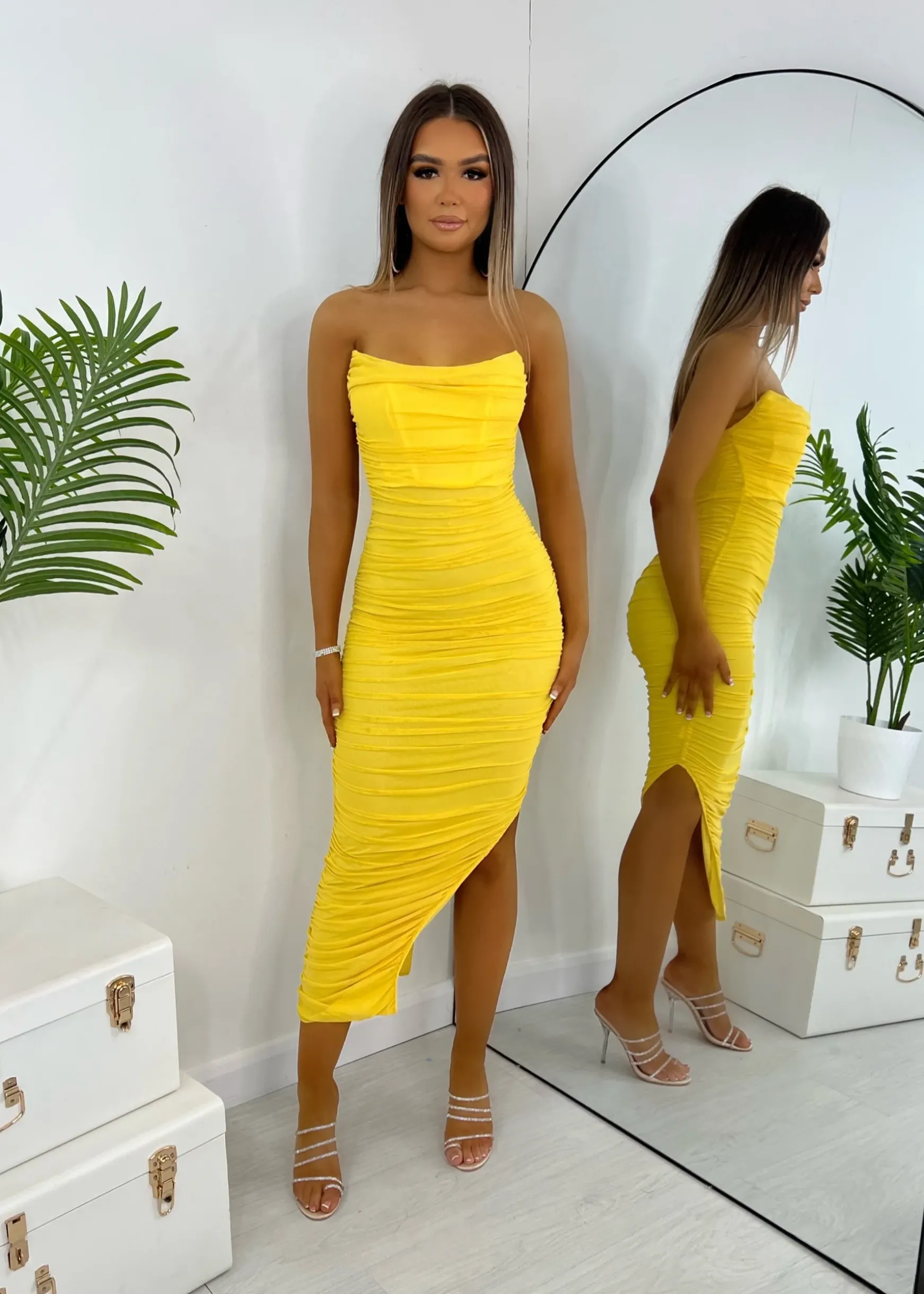 Pretty Moment Ruched Midi Dress - Yellow|DressMeZee Sale