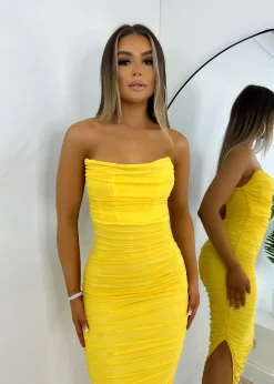 Pretty Moment Ruched Midi Dress - Yellow|DressMeZee Sale