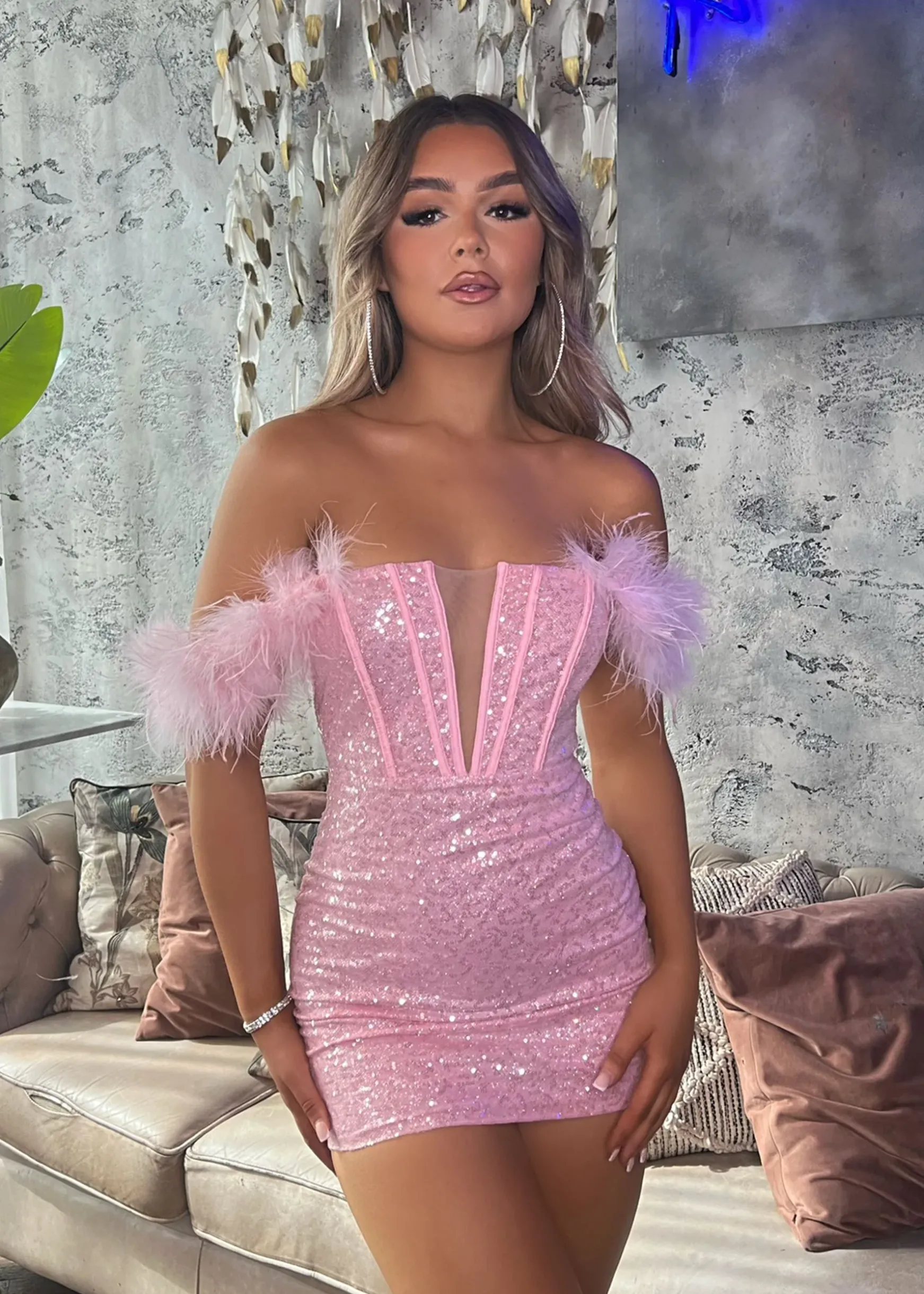 Saski Feather Mini Dress - Pink|DressMeZee Online