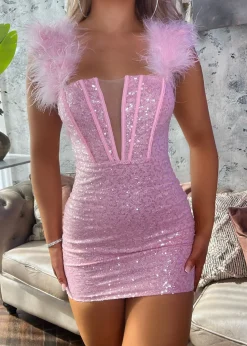 Saski Feather Mini Dress - Pink|DressMeZee Online