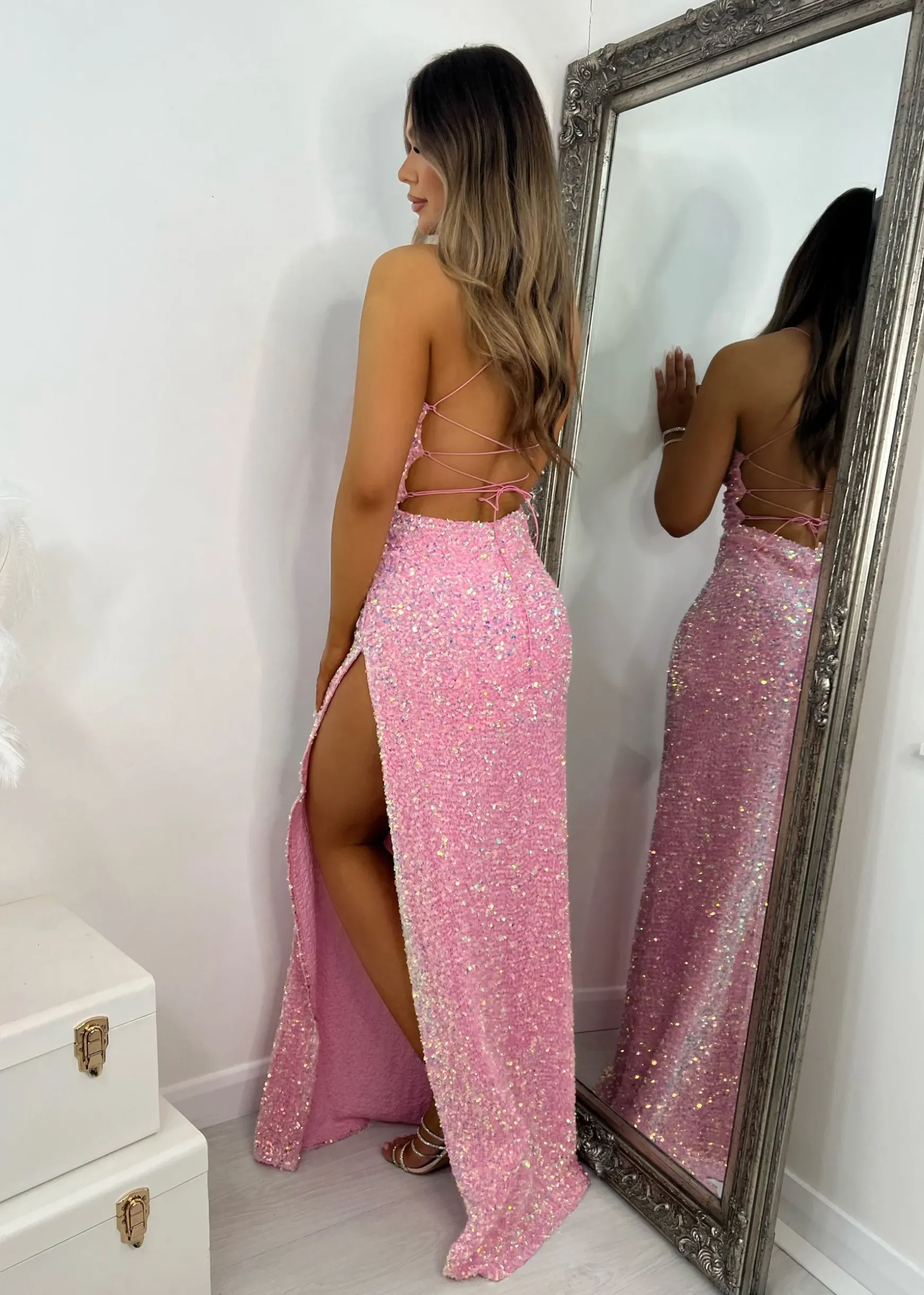 Sherri Sequin Split Gown - Pink|DressMeZee Best