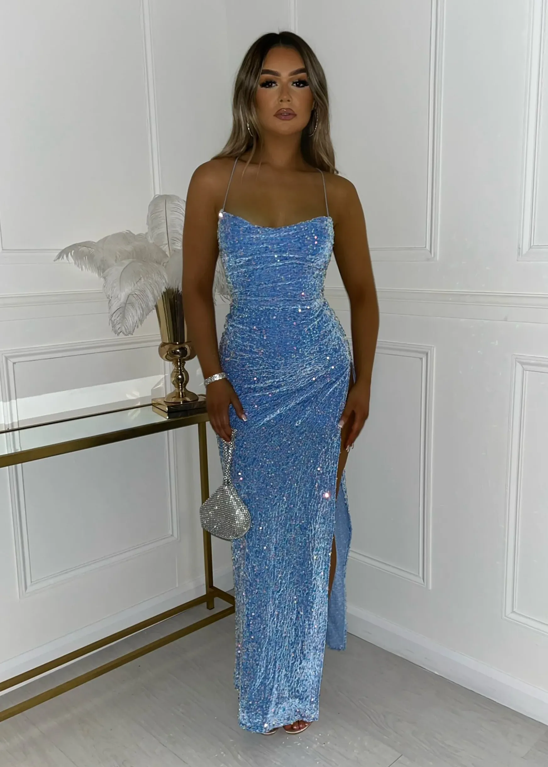 Sherri Sequin Split Gown - Blue|DressMeZee Clearance