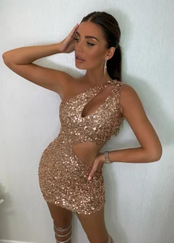 Shooting Star Cut Out Sequin Dress - Rose Gold|DressMeZee Hot