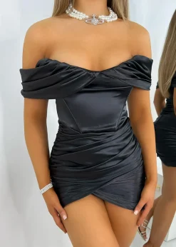 Slipped My Mind Bardot Corset Satin Dress - Black|DressMeZee Sale