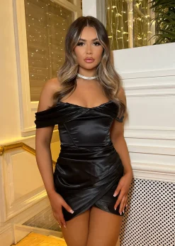Slipped My Mind Bardot Corset Satin Dress - Black|DressMeZee Sale