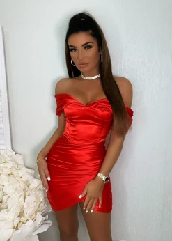 Slipped My Mind Bardot Corset Satin Dress - Red|DressMeZee Best