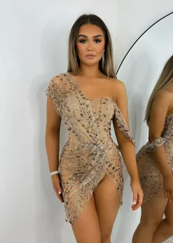 Sparkle Delight Glitter Mesh Dress - Bronze|DressMeZee New