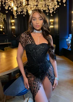 Sparkle Delight Glitter Mesh Dress - Black|DressMeZee Outlet