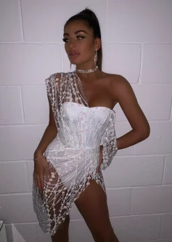 Sparkle Delight Glitter Mesh Dress - White|DressMeZee Hot