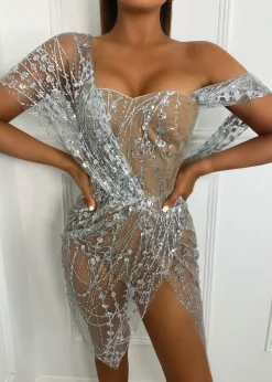 Sparkle Delight Glitter Mesh Dress - Silver|DressMeZee Clearance