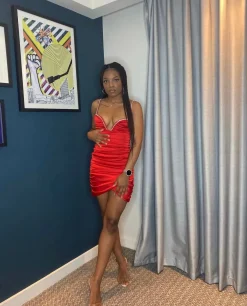 Steal The Show Diamante Ruched Mini Dress - Red|DressMeZee Clearance