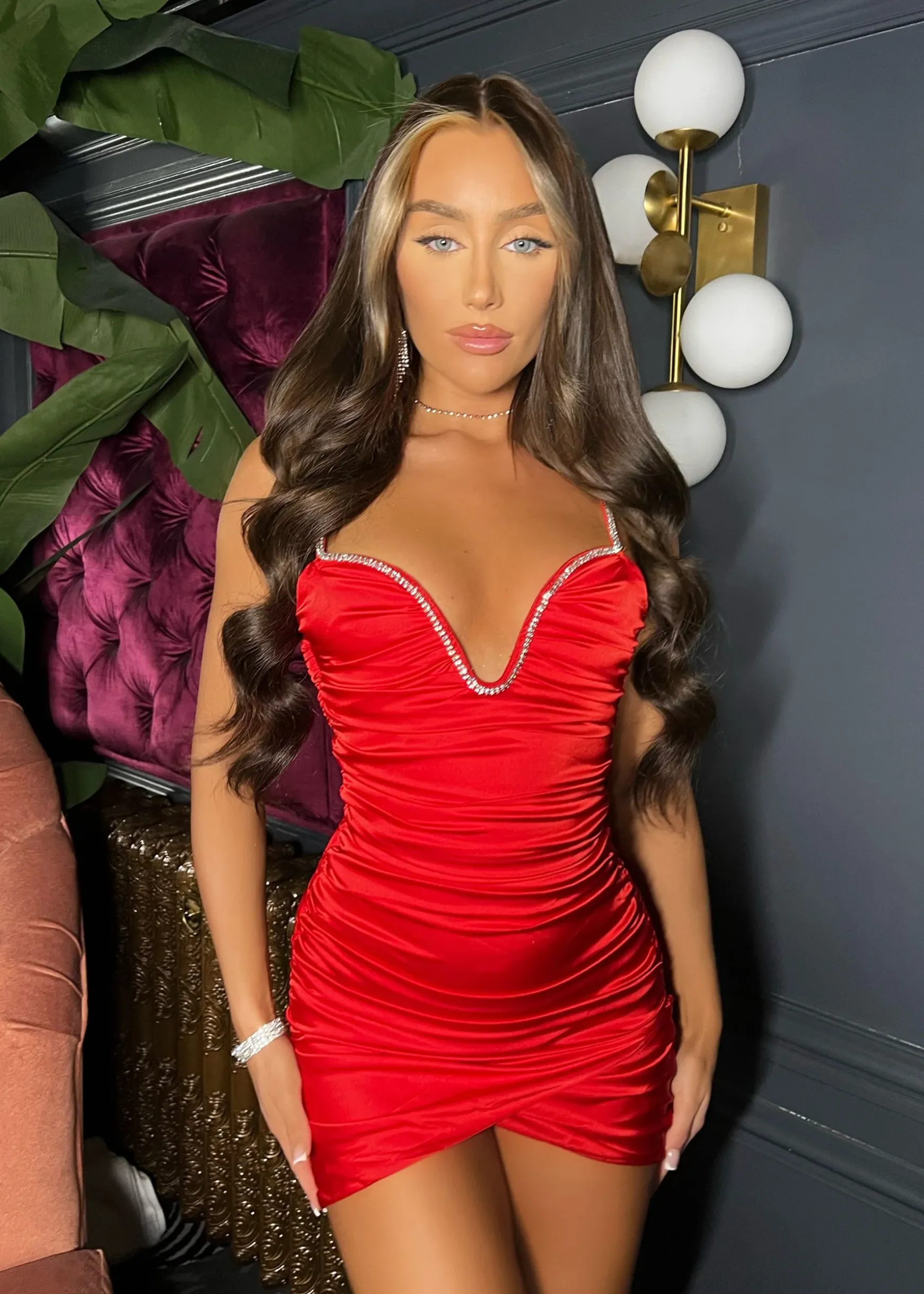 Steal The Show Diamante Ruched Mini Dress - Red|DressMeZee Clearance