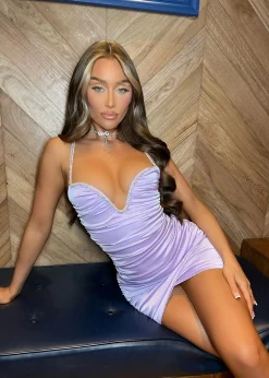 Steal The Show Diamante Ruched Mini Dress - Lilac|DressMeZee Fashion