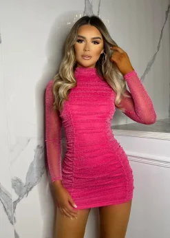 Sweet Glamour High Neck Long Sleeve Mini Dress - Hot Pink|DressMeZee Clearance