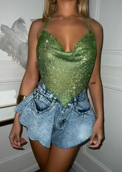 Tayce Diamante Chainmail Halter Neck Top - Green|DressMeZee Outlet
