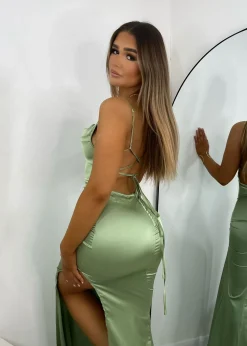 Tiana Satin Split Gown - Mint|DressMeZee Online