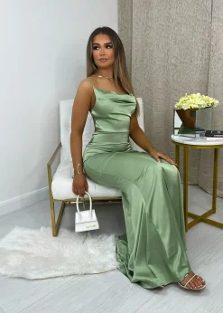 Tiana Satin Split Gown - Mint|DressMeZee Outlet