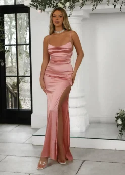 Tiana Satin Split Gown - Pink|DressMeZee Online