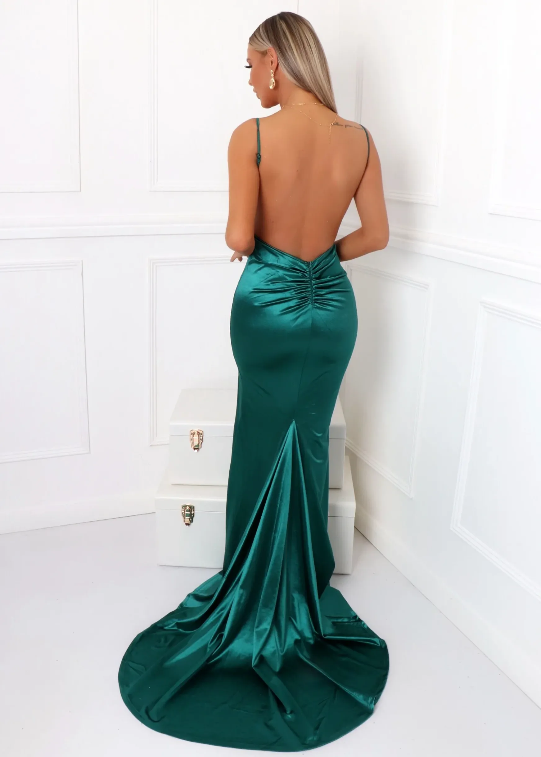 Touch Of Glamour Satin Gown With Side Slit - Emerald Green|DressMeZee Fashion