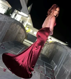 Touch Of Glamour Satin Gown With Side Slit - Wine|DressMeZee Online