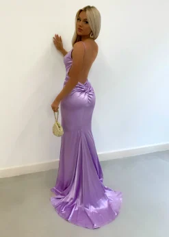 Touch Of Glamour Satin Gown With Side Slit - Lilac|DressMeZee Online