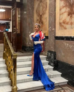Touch Of Glamour Satin Gown With Side Slit - Cobalt Blue|DressMeZee Hot