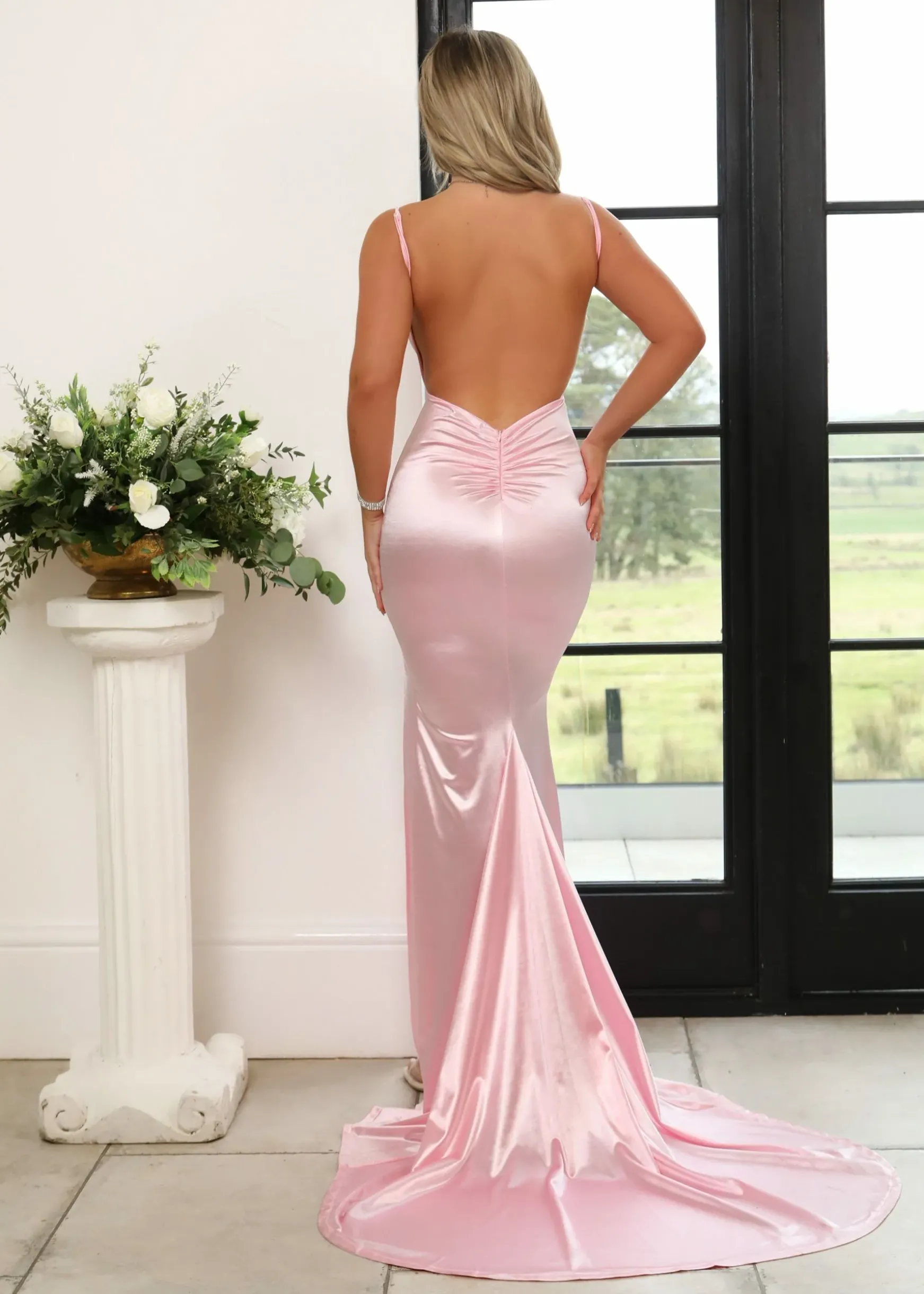 Touch Of Glamour Satin Gown With Side Slit - Pink|DressMeZee Discount