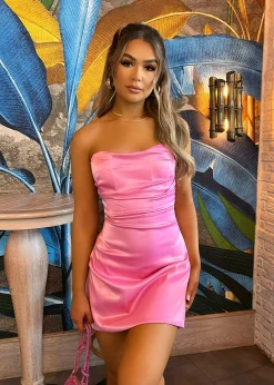 Untouchable Satin Mini Dress - Pink|DressMeZee Clearance